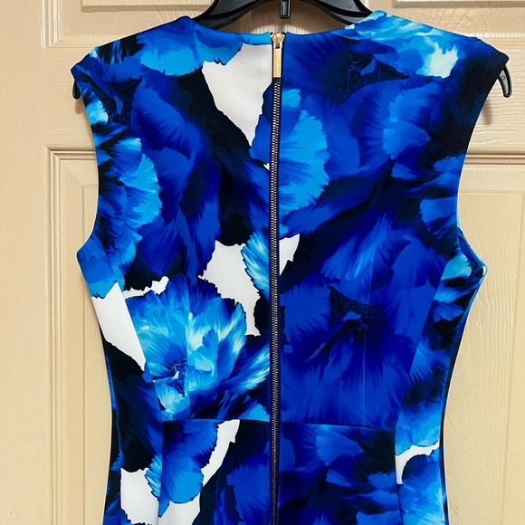 Calvin Klein Blue Floral Dress Sleeveless Midi Fitted Gold Zipper - Picture 4 of 5